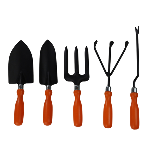 Set of gardening tools with black blades and orange handles on a white background