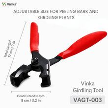 Load image into Gallery viewer, Vinka Girdling Tool shown on a white background with text indicating adjustable size for peeling bark and girdling plants, plus dimensions and product code VAGT-003.
