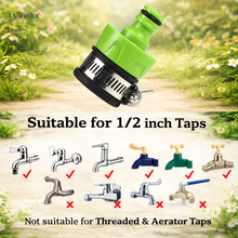Load image into Gallery viewer, Green garden tap adapter with compatibility chart against a natural background
