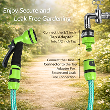 Load image into Gallery viewer, Gardening setup with tap adapter, hose connector, and green spray nozzle against a garden background.
