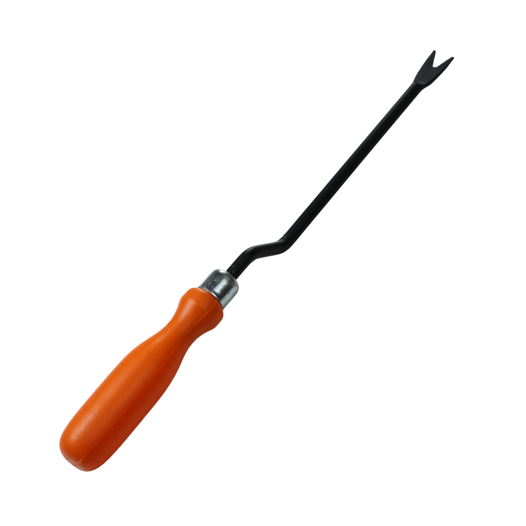 Tool with orange handle and black metal prong 