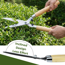 Load image into Gallery viewer, Vinka Gardening Hedge shear with wooden handles being used on a hedge, with text 'Inclined Design Less Effort'.
