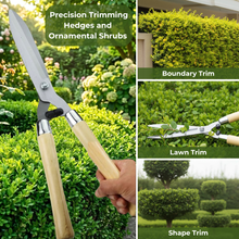 Load image into Gallery viewer, Gardening shears with wooden handles being used on hedges and shrubs, with text indicating their use for precision trimming, boundary trim, lawn trim, and shape trim.
