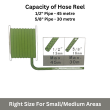 Load image into Gallery viewer, capacity of hose reel 1/2 inch 45 meter and 5/8 inch 3o meter
