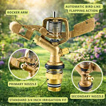 Load image into Gallery viewer, features of garden sprinkler, comes with two nozzle design for unifor water distribution, 3/4 Inch water connection thread, metal body, rust-restitant
