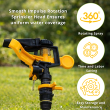 Load image into Gallery viewer, Garden sprinkler head with text highlighting features on a grassy background
