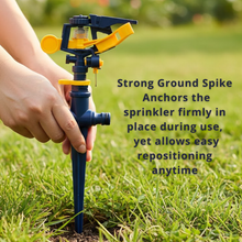 Load image into Gallery viewer, Hand holding a garden sprinkler with text about strong ground spike anchors
