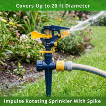 Load image into Gallery viewer, Impulse rotating sprinkler with spike watering a garden with text indicating coverage up to 20 ft diameter.
