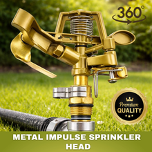 Load image into Gallery viewer, vinka metal impulse sprinkler head with hose on grass background, labeled '360° Premium Quality'.
