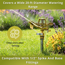 Load image into Gallery viewer, covers a wide 20 feet diameter watering range, Sprinkler system in a garden with text highlighting features
