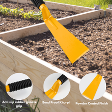 Load image into Gallery viewer, Yellow Vinka Metal Khurpi garden tool with close-up details in a garden setting
