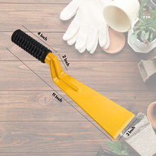 Load image into Gallery viewer, Yellow metal khurpi with measurements on a wooden surface
