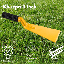 Load image into Gallery viewer, Yellow Vinka Khurpi garden tool with black handle on grass, labeled &#39;Khurpa 3 Inch&#39;, featuring rust-resistant, strong and durable, and metalMade of icons.
