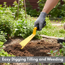 Load image into Gallery viewer, Person using a yellow khurpi gardening tool in a garden with text &#39;Easy Digging Tilling and Weeding&#39;.
