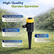 Load image into Gallery viewer, Vinka Mini Garden sprinkler with features: wide top spray outlet, strong ground spike, durable plastic body, standard hose pipe connector, highlighted on a grassy background
