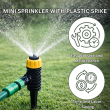 Load image into Gallery viewer, Mini sprinkler with plastic spike spraying water on grass, with icons and text highlighting features.
