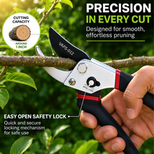 Load image into Gallery viewer, A hand holding a VAPS-012 pruning shears with black and red handles, cutting a branch outdoors. The image includes text callouts highlighting cutting capacity around 1 inch and the easy open safety lock mechanism.
