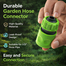 Load image into Gallery viewer, Green garden hose connector held by a hand with text highlighting features on a green background.
High Quality Material , leak proof, suitable for 1/2 inch hose pipe
