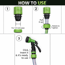 Load image into Gallery viewer, Instructions on how to use a green garden hose nozzle with text labels.
