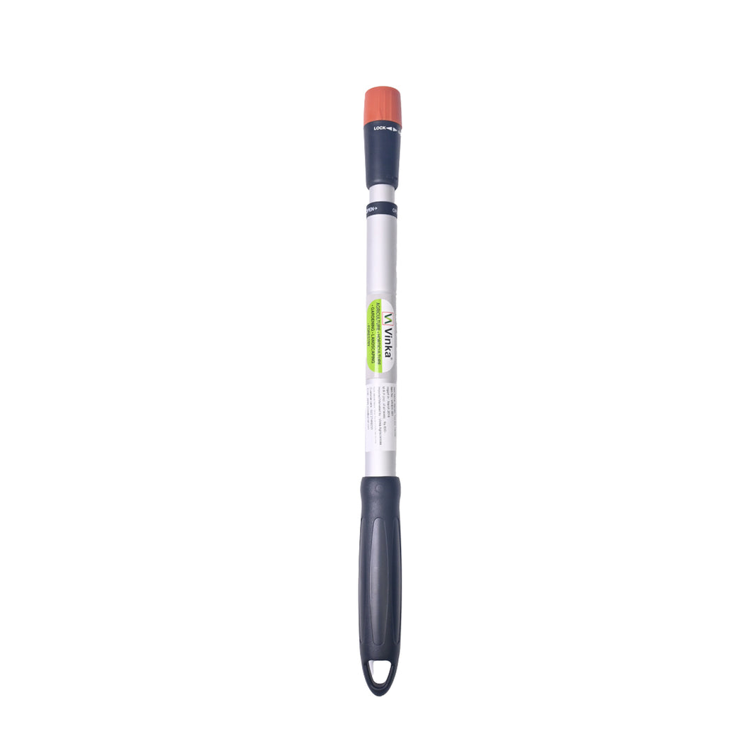 A black telescopic extendable handle for garden tools with a Vinka logo, featuring a red adjustment knob at the top.