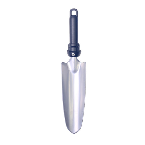 A silver painted metal hand transplanter with a black handle.