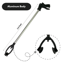 Load image into Gallery viewer, Trash picker tool with black clamps and an aluminum body on a white background
