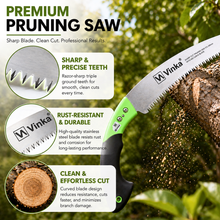 Load image into Gallery viewer, Premium Pruning Saw Features - Rust Free, sharp precise teeth, clean and effortless cut

