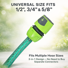 Load image into Gallery viewer, Green hose connector with text indicating compatibility for multiple hose sizes against a blurred green background.
