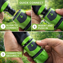 Load image into Gallery viewer, Step-by-step guide on how to quickly connect a green garden hose nozzle.
