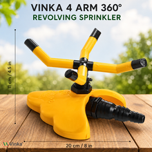 Load image into Gallery viewer, Yellow and black Vinka 4-arm 360° revolving sprinkler shown on a wooden surface outdoors, with text indicating 11 cm / 4.5 in height and 20 cm / 8 in width.
