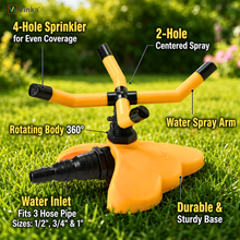 Load image into Gallery viewer, Vinka 4-hole rotating sprinkler features, including 4-hole sprinkler for even coverage, 2-hole centered spray, water spray arm, rotating body 360 degrees, water inlet, and durable &amp; sturdy base.
