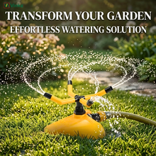Load image into Gallery viewer, Vinka automatic sprinkler watering system spraying water on a green lawn, with a hose connected, sprinkling water in garden
