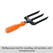 Load image into Gallery viewer, Gardening tool with orange handle and black tines
