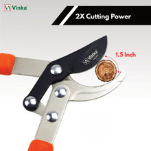 Load image into Gallery viewer, Vinka pruning shears with a focus on cutting power, featuring an inset of a cut branch.
