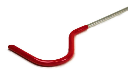 A snake catching hook with a stainless steel rod and a red rubber-coated hook head.