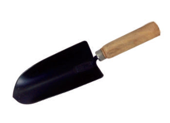 A hand deep transplanter/digger with a wooden grip and a black digging edge.