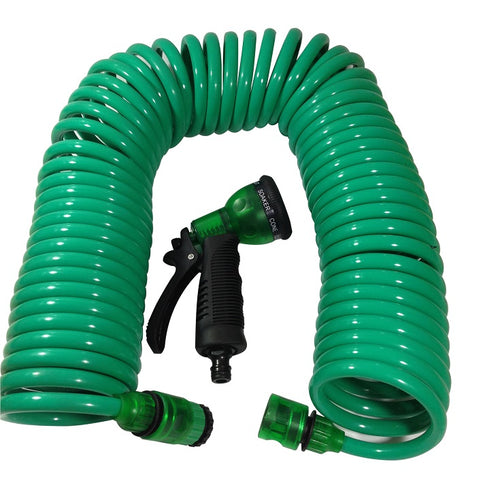 A 15m green watering coil pipe with a sprinkler nozzle and connectors, displayed on a white background.
