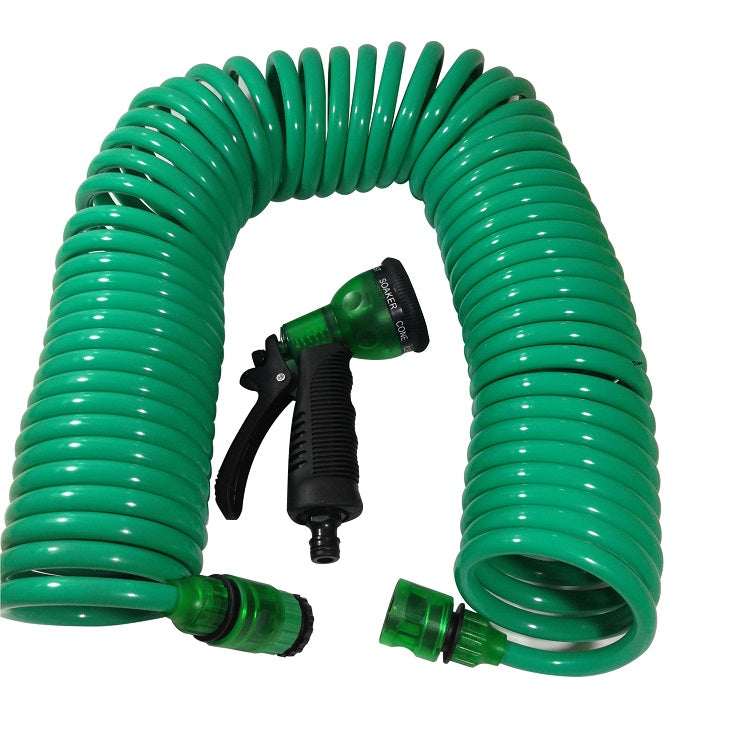 A 15m green watering coil pipe with a sprinkler nozzle and connectors, displayed on a white background.