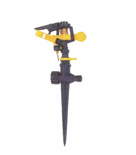 A plastic impulse sprinkler with a black and yellow color scheme, featuring a spike designed for watering lawns and gardens.