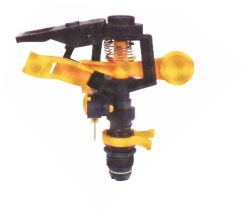 A Vinka brand impulse sprinkler with a black and yellow plastic body designed for 360-degree rotation, showing a side profile view.