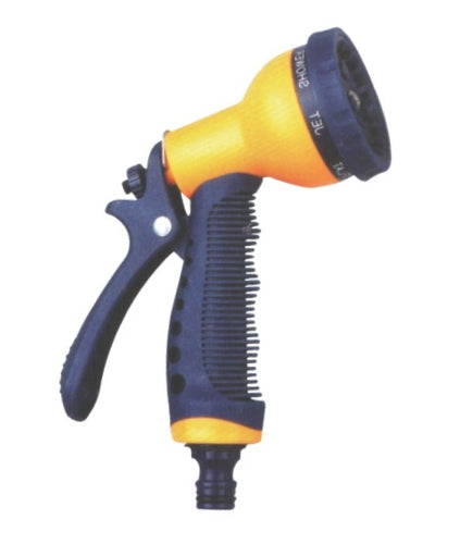 A 7 pattern plastic sprinkler nozzle with a blue and yellow color scheme attached to a hose pipe.