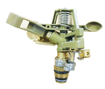 A metal impulse sprinkler head with a green body, featuring multiple nozzles and a screw for attachment.
