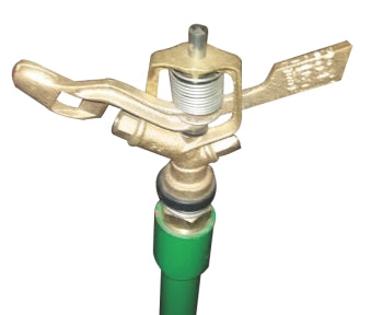 A gun metal colored sprinkler nozzle attached to a green sprinkler body on a pole.