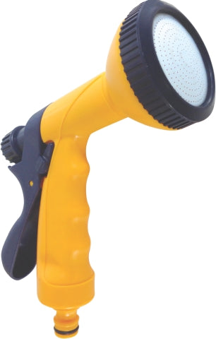 Yellow and black plastic shower spray nozzle with a rear trigger.