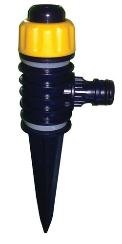 A mini sprinkler with a plastic spike, primarily in black and yellow colors, designed for small garden irrigation.