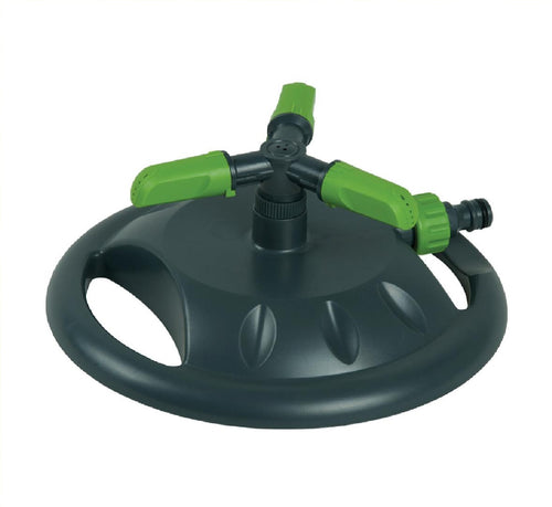 3 Arm revolving sprinkler with a black plastic base and green color.