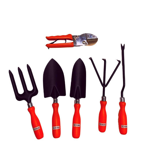 A set of 6 Vinka brand garden tools with PVC handles, including a trowel, transplanter, cultivator, weeder, fork, and anvil pruner, primarily in black and orange colors.