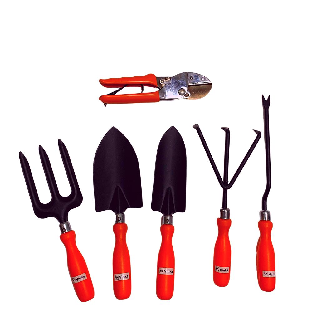 A set of 6 Vinka brand garden tools with PVC handles, including a trowel, transplanter, cultivator, weeder, fork, and anvil pruner, primarily in black and orange colors.