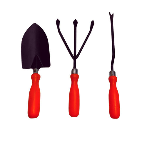 A set of three gardening tools consisting of a trowel, a cultivator, and a hand fork, all with red PVC handles and black metal bodies.