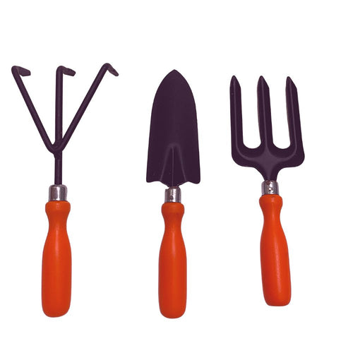 A set of three gardening hand tools with orange PVC handles and metallic bodies, including a cultivator, transplanter, and weeding fork.